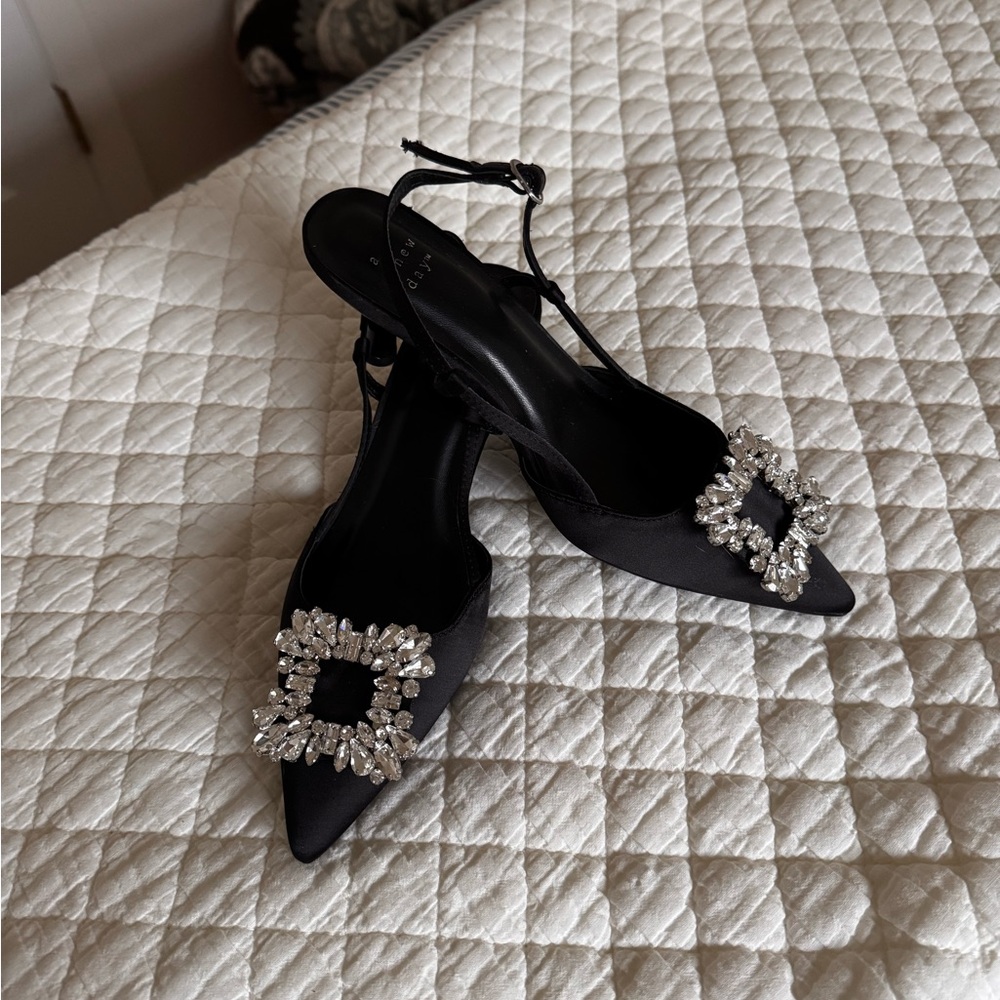 A new day Point Toe Satin Slingback Kitten Heels Crystal Embellishment Black